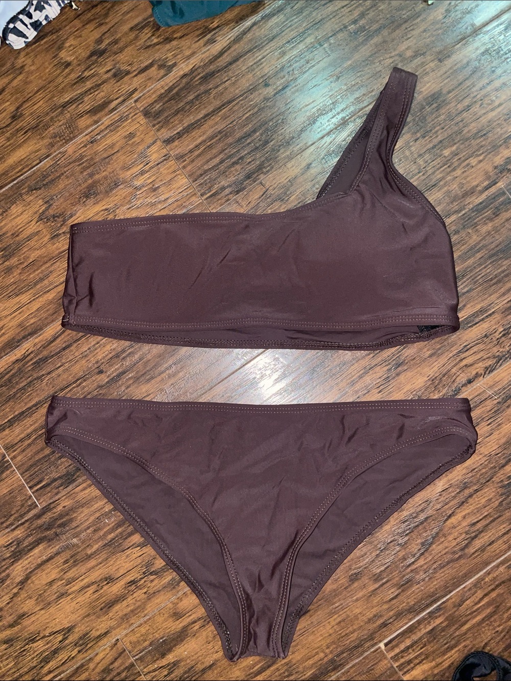SHEIN One-Shoulder Bikini Set in Dark Brown